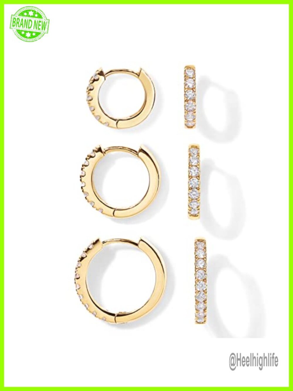 14K Gold Plated Huggie Hoop Earrings Cubic Zirconia Set of 3 Pairs